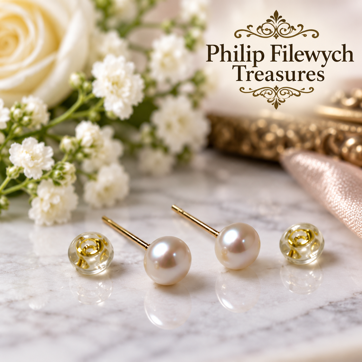 EA-15--5.5mm Pearl Stud Earrings Gold Tone Posts Cream White Classic Jewelry