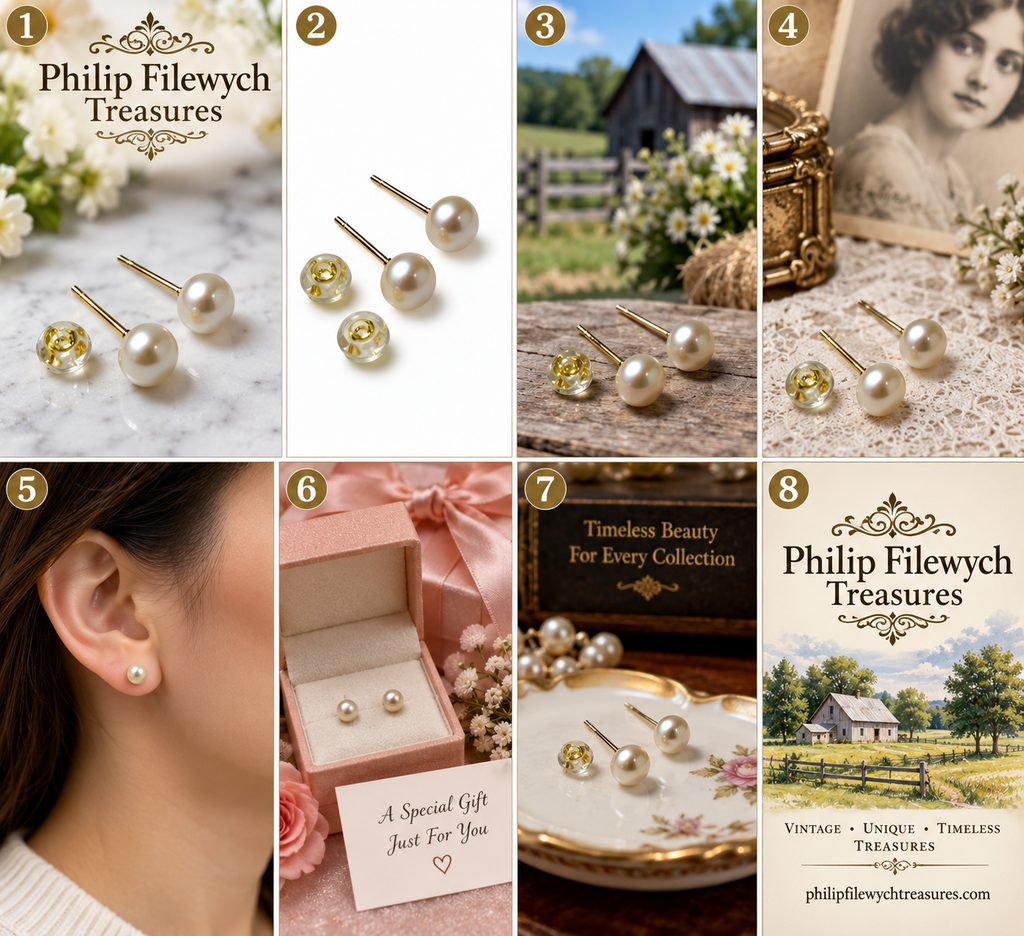 EA-15--5.5mm Pearl Stud Earrings Gold Tone Posts Cream White Classic Jewelry