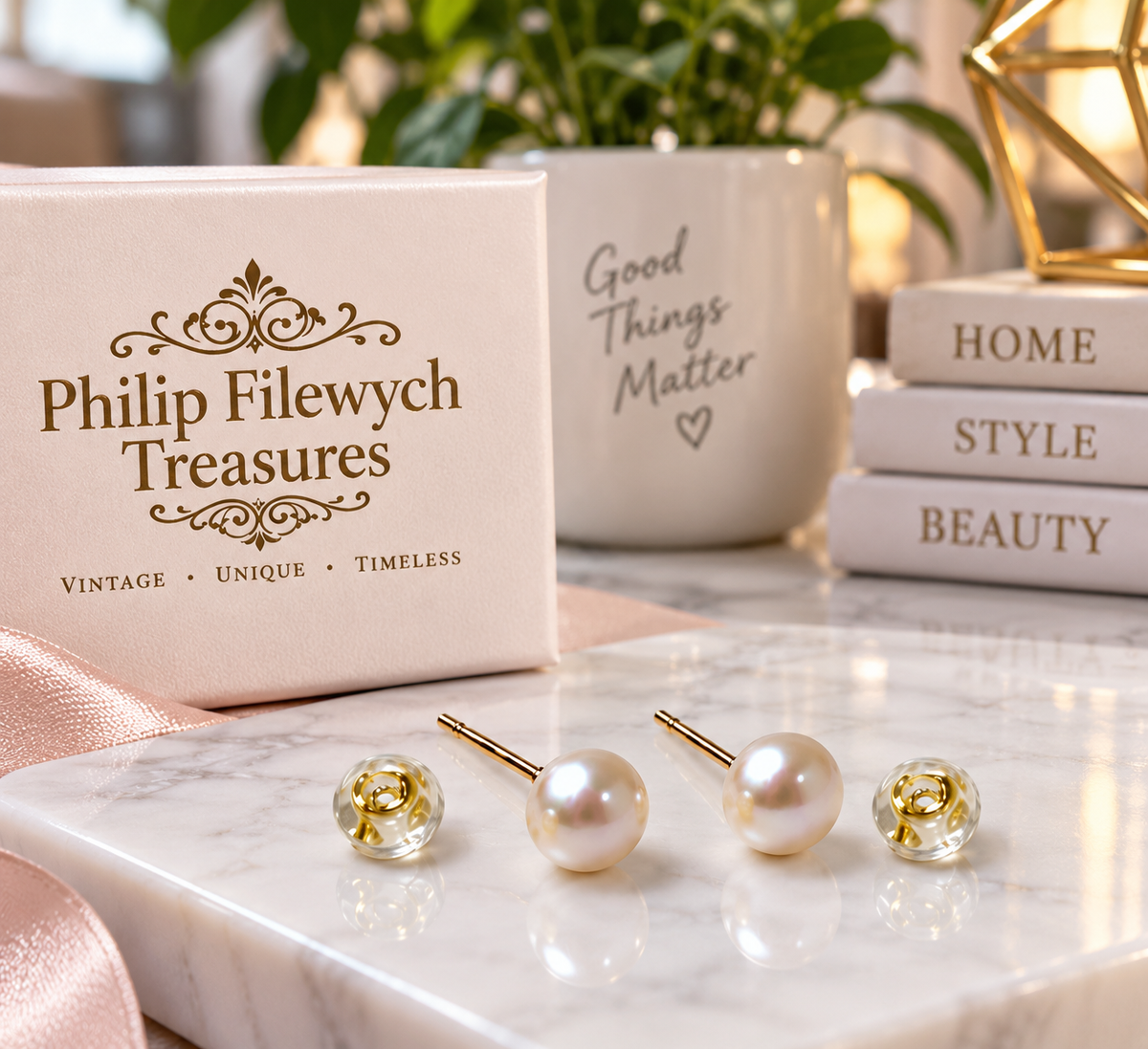 EA-15--5.5mm Pearl Stud Earrings Gold Tone Posts Cream White Classic Jewelry