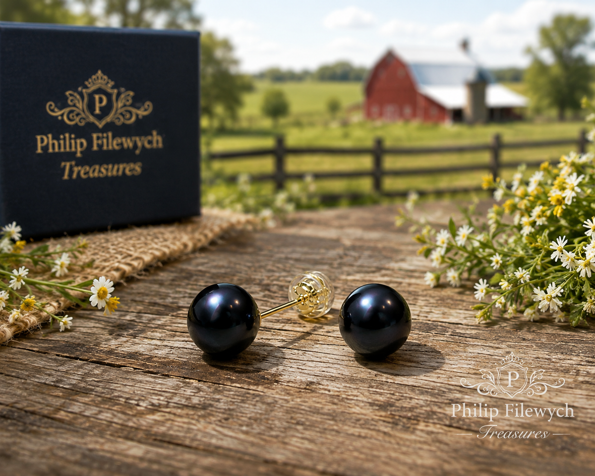 EA-19--Dainashi AAAA Black Freshwater Pearl Stud Earrings 8–9mm 925 Gold-Plated