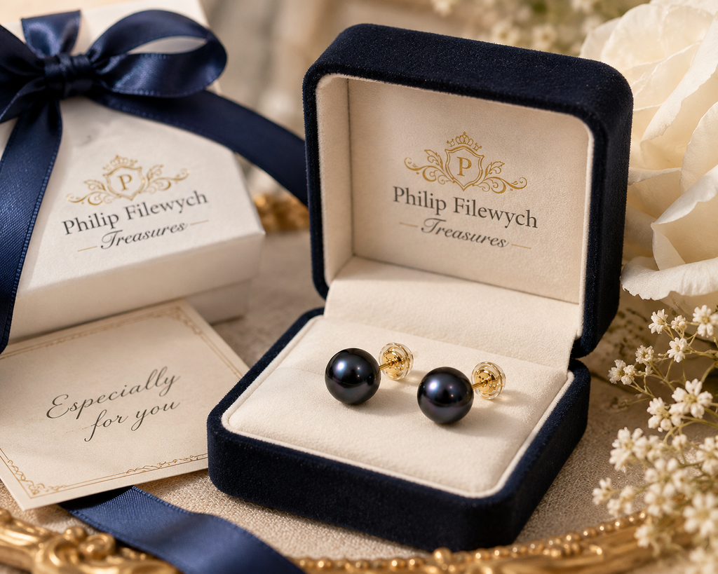 EA-19--Dainashi AAAA Black Freshwater Pearl Stud Earrings 8–9mm 925 Gold-Plated