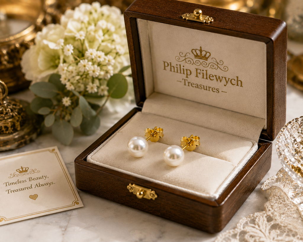 EA-31--Natural Freshwater Pearl Stud Earrings 5mm White Pearl Gold-Tone Classic