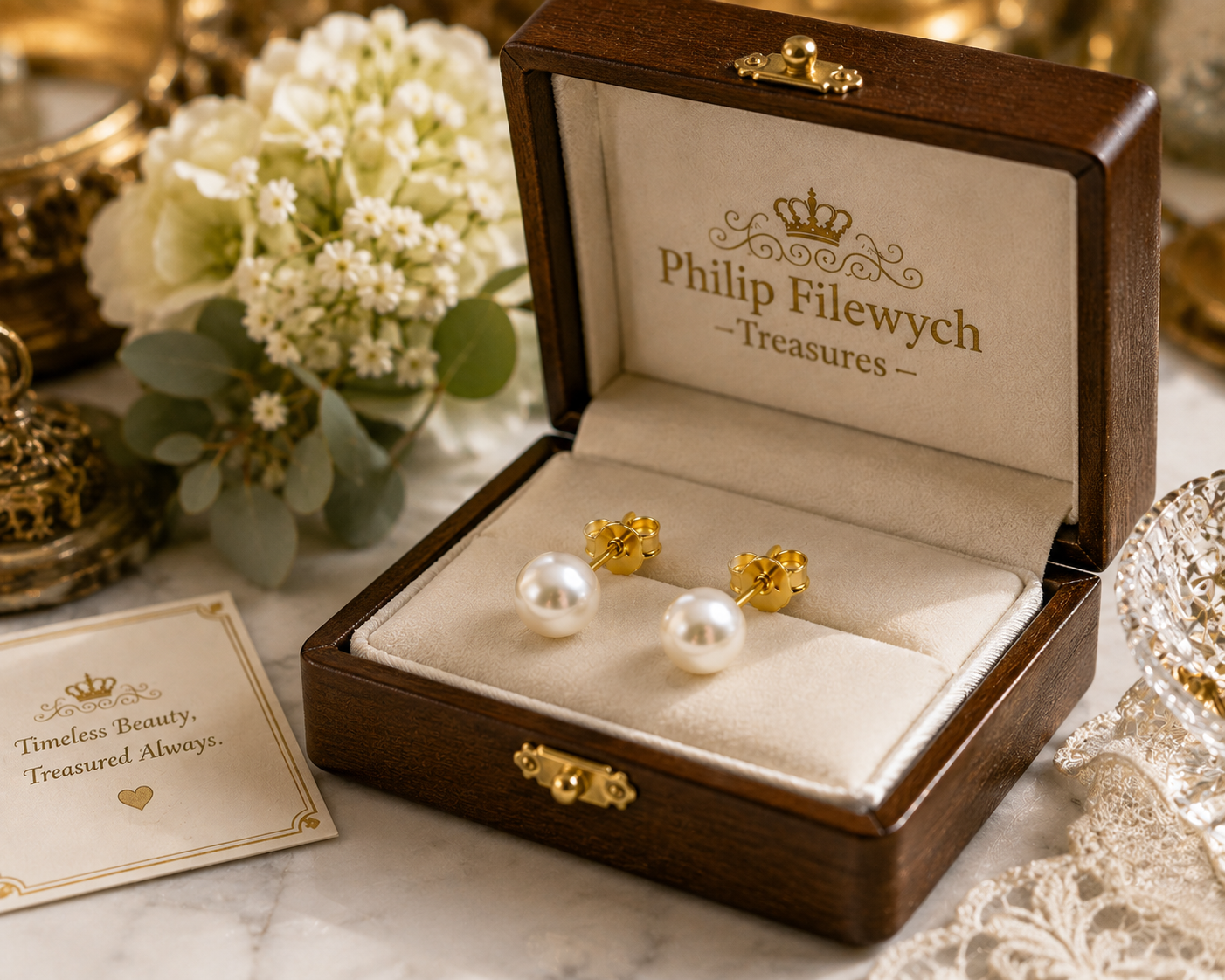 EA-31--Natural Freshwater Pearl Stud Earrings 5mm White Pearl Gold-Tone Classic