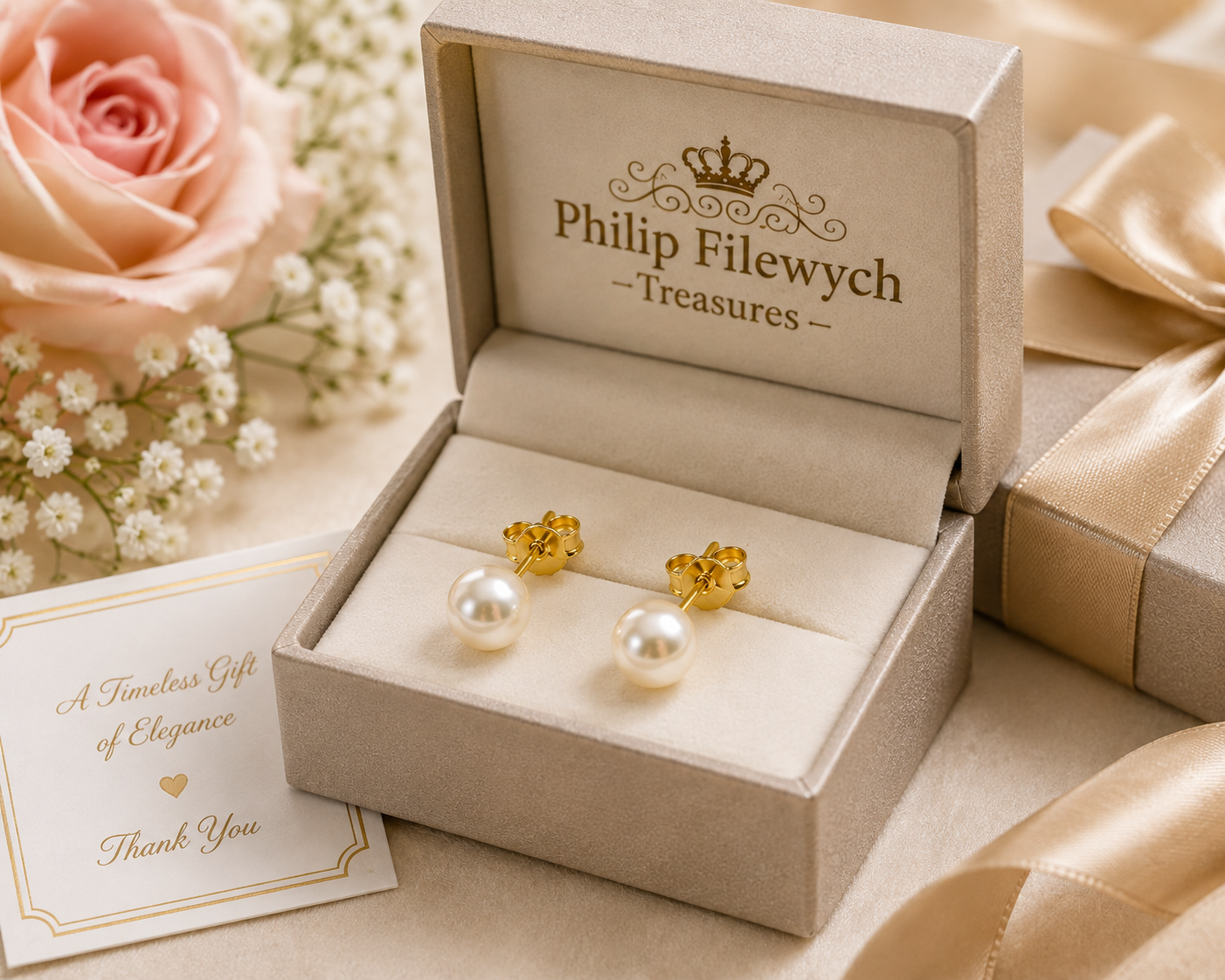 EA-31--Natural Freshwater Pearl Stud Earrings 5mm White Pearl Gold-Tone Classic