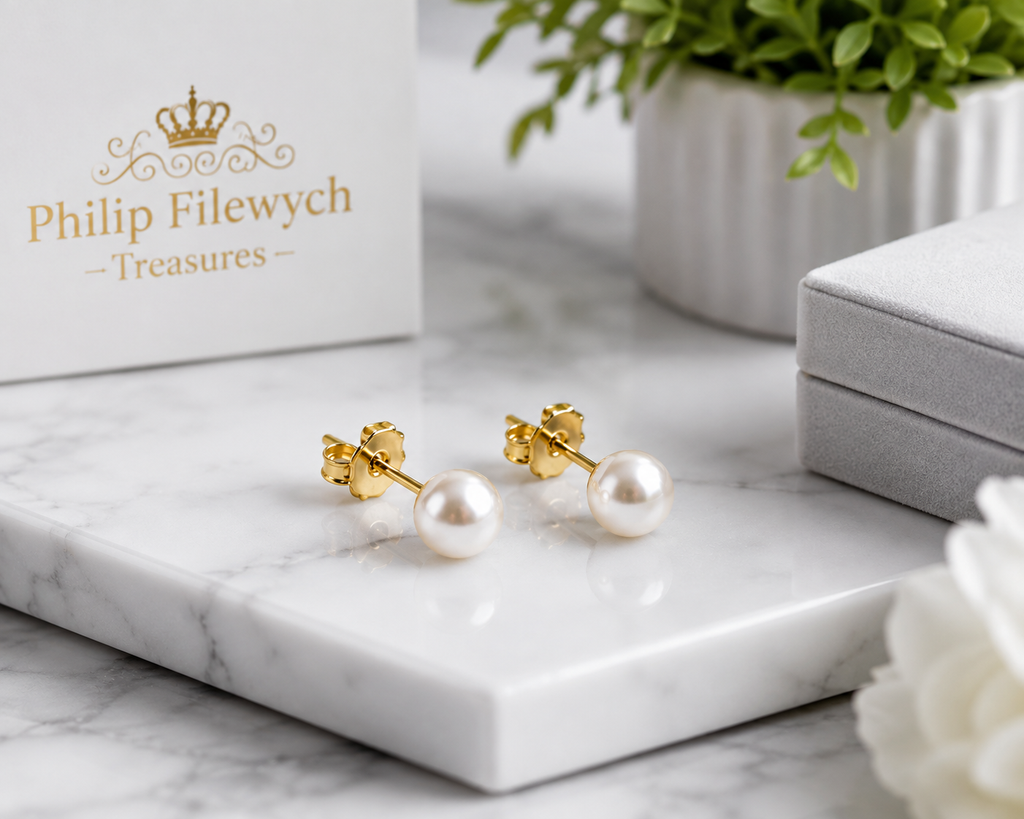 EA-31--Natural Freshwater Pearl Stud Earrings 5mm White Pearl Gold-Tone Classic