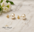 EA-24--Natural Freshwater Pearl Stud Earrings 8–9mm White Pearl Gold-Tone Classic Earrings