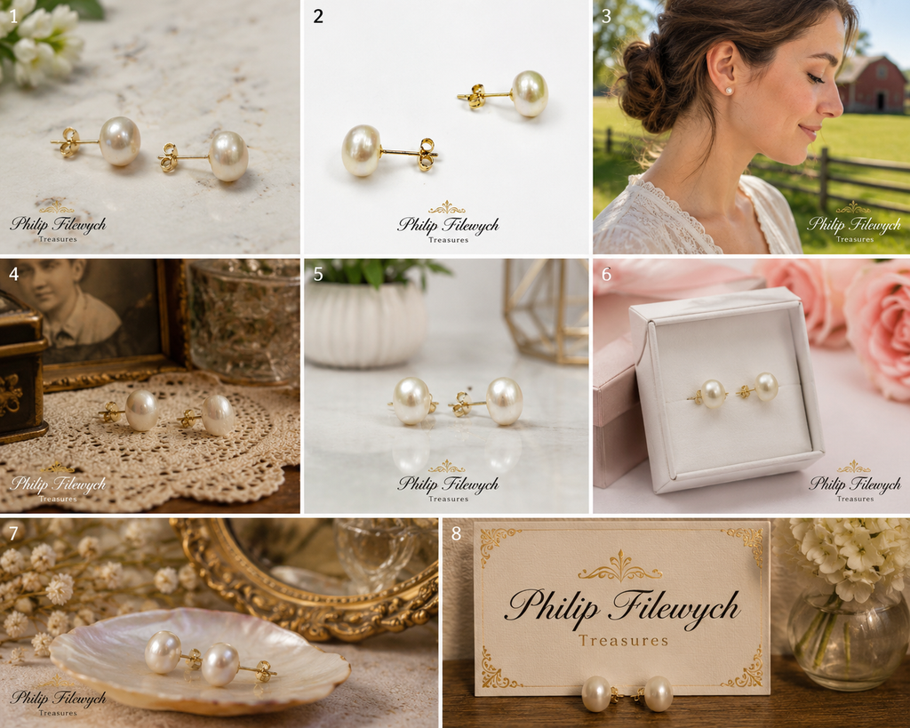 EA-24--Natural Freshwater Pearl Stud Earrings 8–9mm White Pearl Gold-Tone Classic Earrings