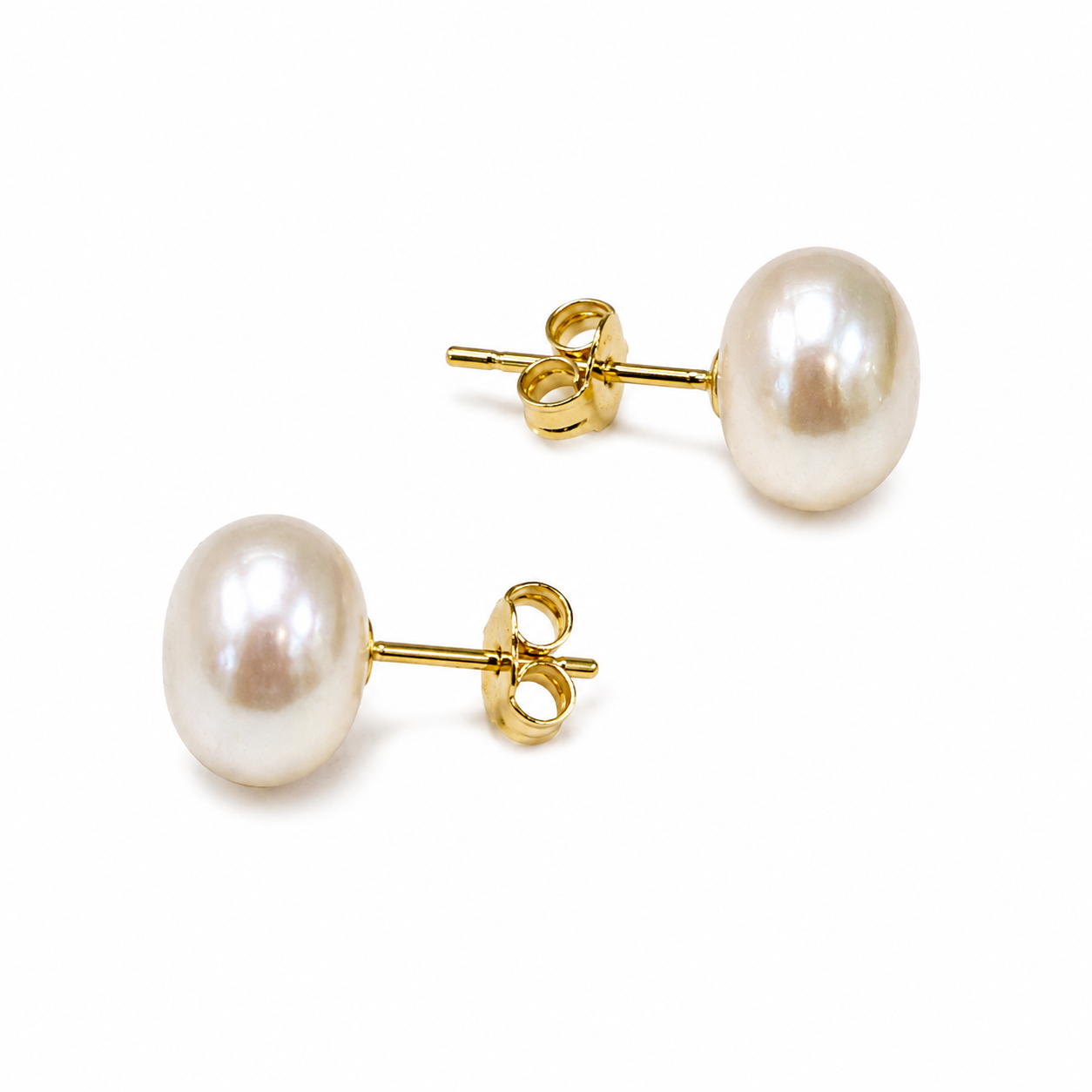 EA-24--Natural Freshwater Pearl Stud Earrings 8–9mm White Pearl Gold-Tone Classic Earrings