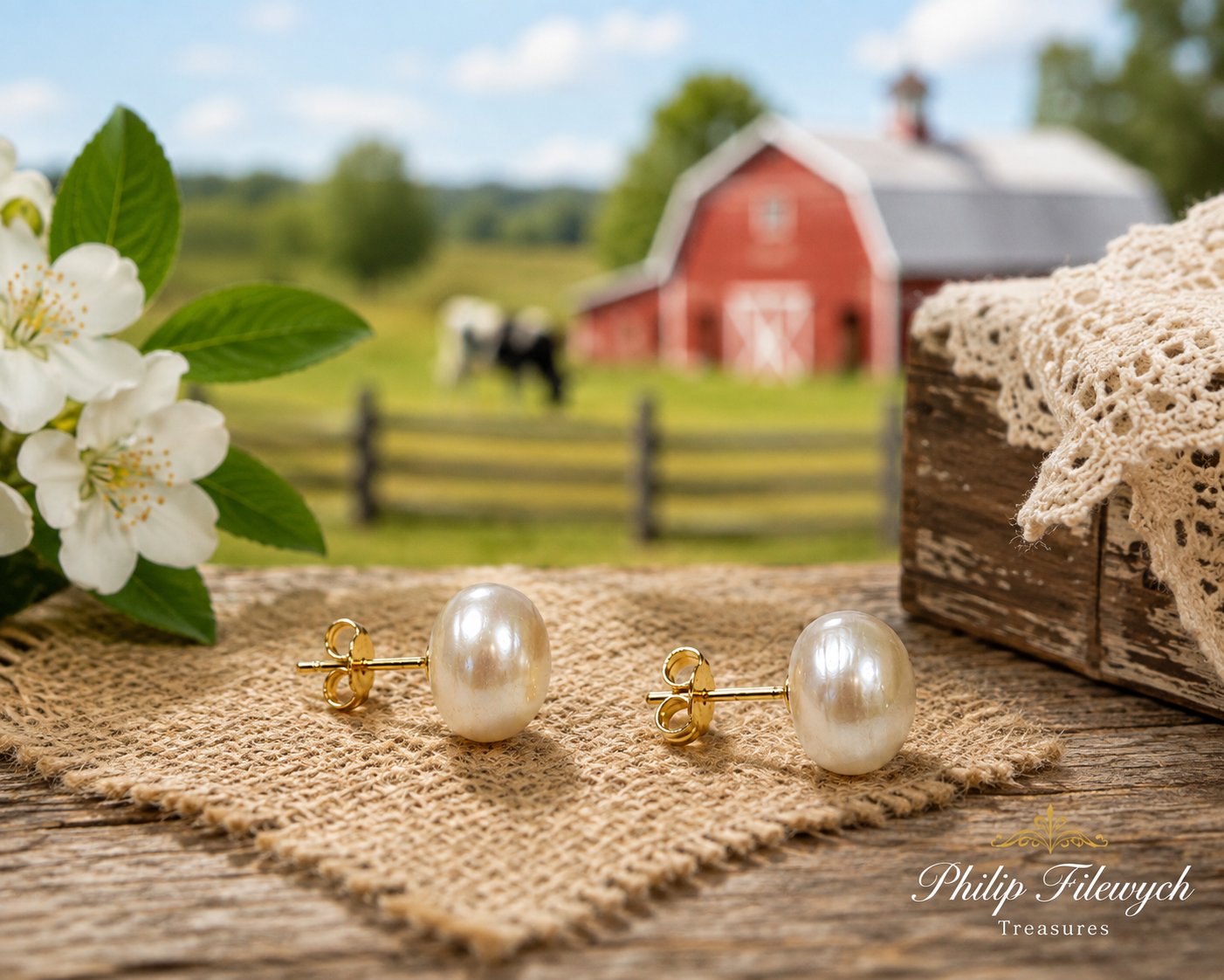 EA-24--Natural Freshwater Pearl Stud Earrings 8–9mm White Pearl Gold-Tone Classic Earrings