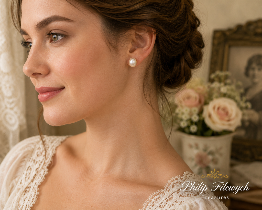 EA-24--Natural Freshwater Pearl Stud Earrings 8–9mm White Pearl Gold-Tone Classic Earrings
