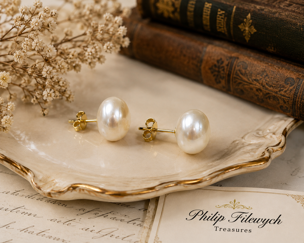 EA-24--Natural Freshwater Pearl Stud Earrings 8–9mm White Pearl Gold-Tone Classic Earrings