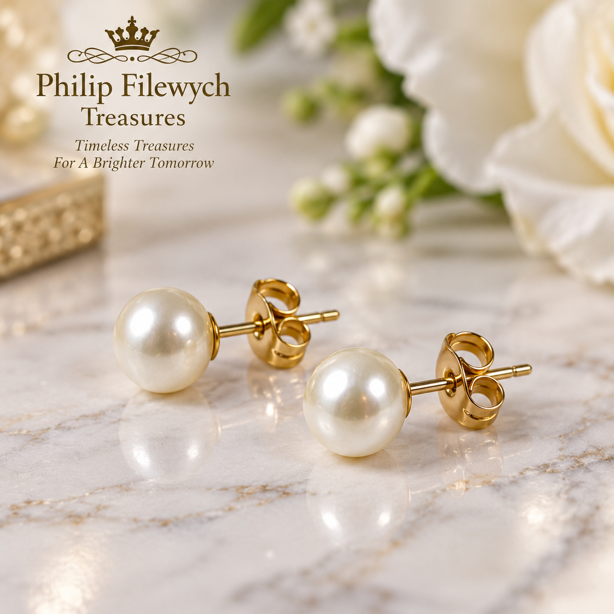 EA-25--White Pearl Stud Earrings 7–8mm Gold-Tone Post Butterfly Back