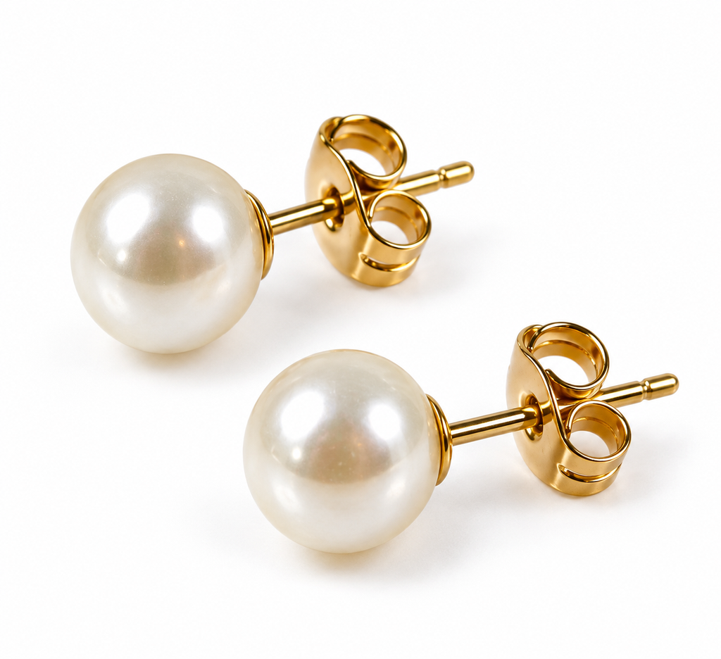 EA-25--White Pearl Stud Earrings 7–8mm Gold-Tone Post Butterfly Back