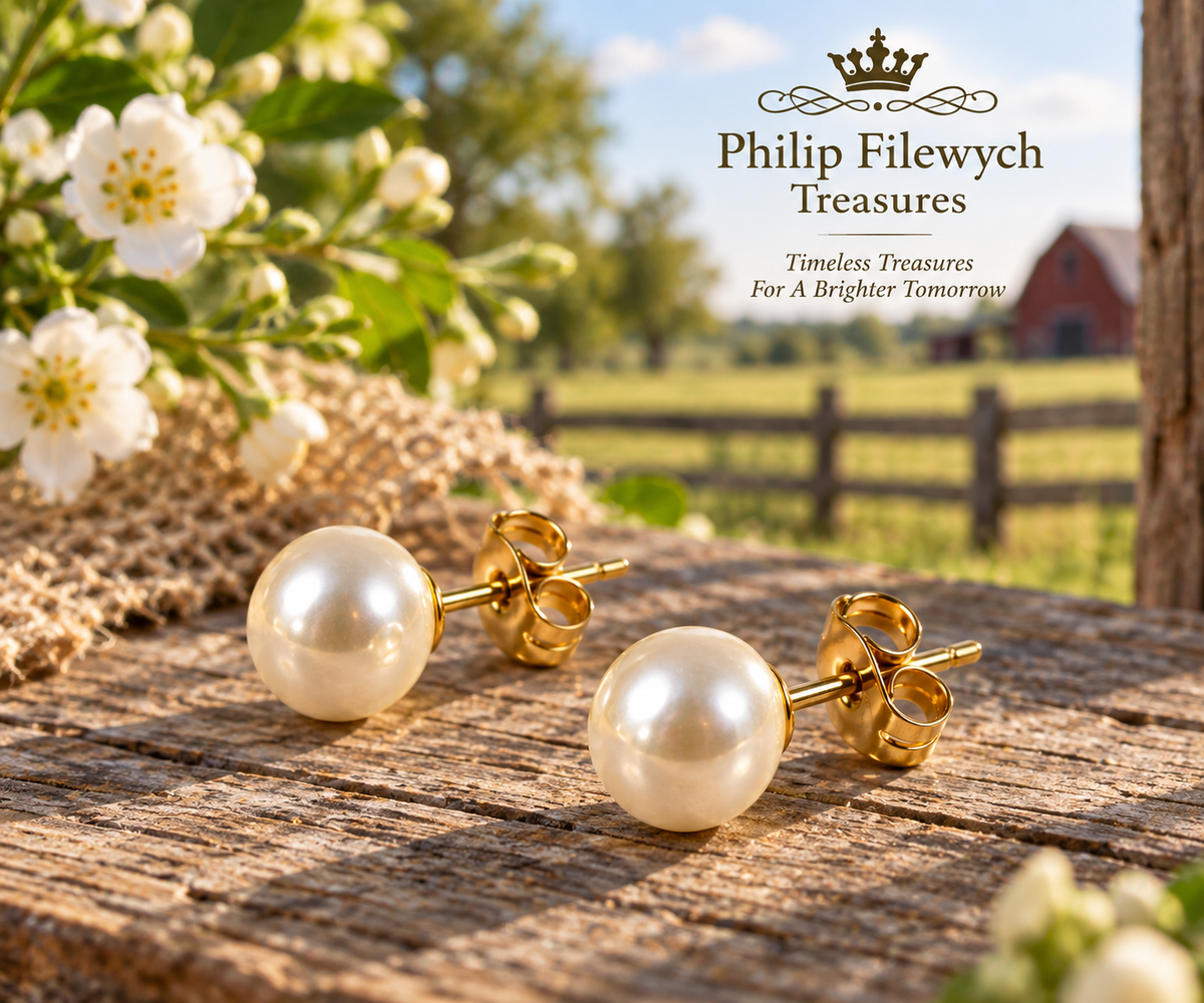 EA-25--White Pearl Stud Earrings 7–8mm Gold-Tone Post Butterfly Back