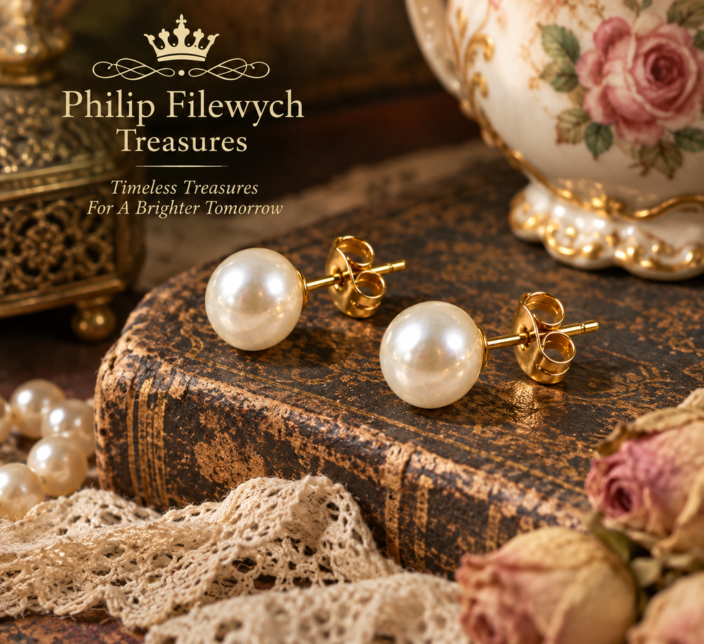 EA-25--White Pearl Stud Earrings 7–8mm Gold-Tone Post Butterfly Back