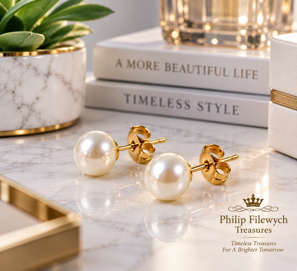 EA-25--White Pearl Stud Earrings 7–8mm Gold-Tone Post Butterfly Back