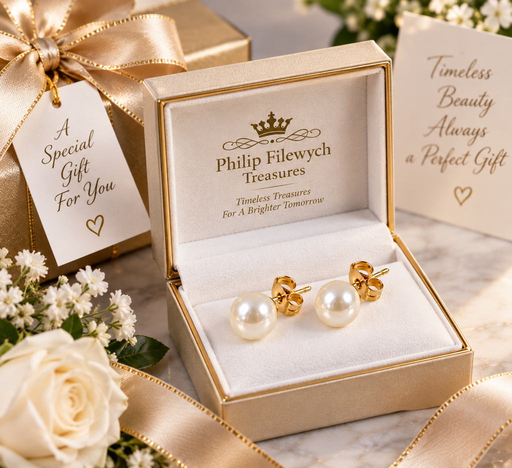 EA-25--White Pearl Stud Earrings 7–8mm Gold-Tone Post Butterfly Back