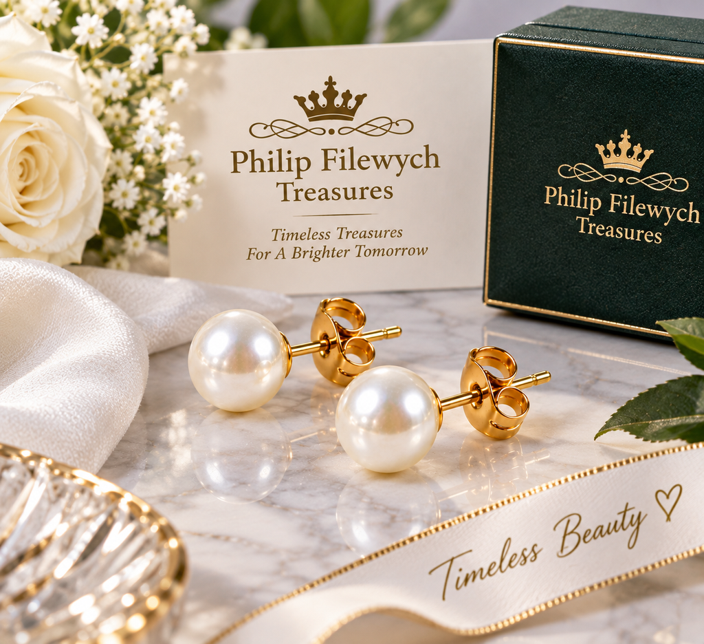 EA-25--White Pearl Stud Earrings 7–8mm Gold-Tone Post Butterfly Back
