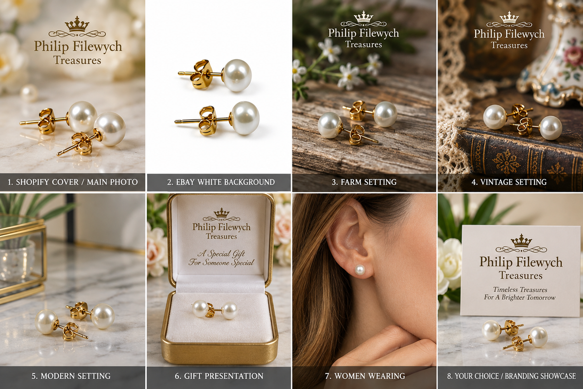 EA-25--White Pearl Stud Earrings 7–8mm Gold-Tone Post Butterfly Back