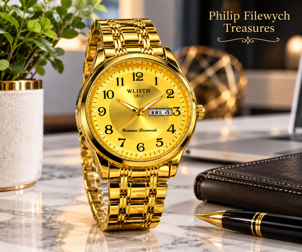 Whisth 1853 men's gold-tone quartz watch displayed in a modern setting