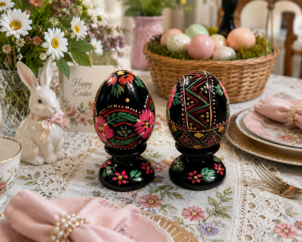 EE-05--Vintage Hand-Painted Wooden Easter Eggs Set of 2 Folk Art Floral Black Lacquer