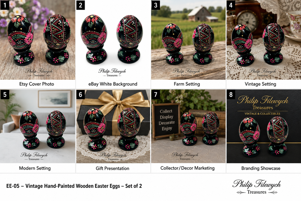EE-05--Vintage Hand-Painted Wooden Easter Eggs Set of 2 Folk Art Floral Black Lacquer