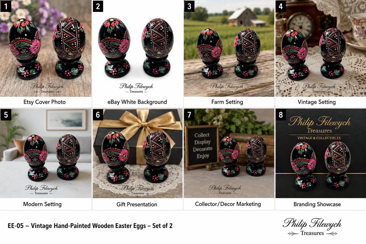 EE-05--Vintage Hand-Painted Wooden Easter Eggs Set of 2 Folk Art Floral Black Lacquer