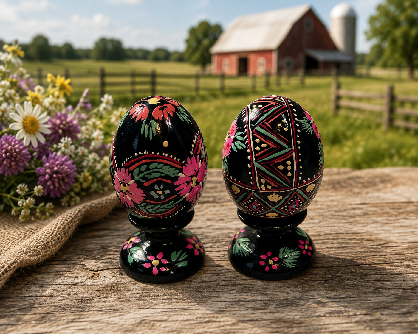 EE-05--Vintage Hand-Painted Wooden Easter Eggs Set of 2 Folk Art Floral Black Lacquer