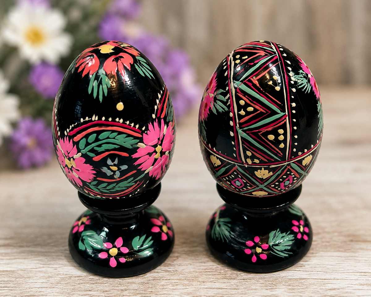 EE-05--Vintage Hand-Painted Wooden Easter Eggs Set of 2 Folk Art Floral Black Lacquer