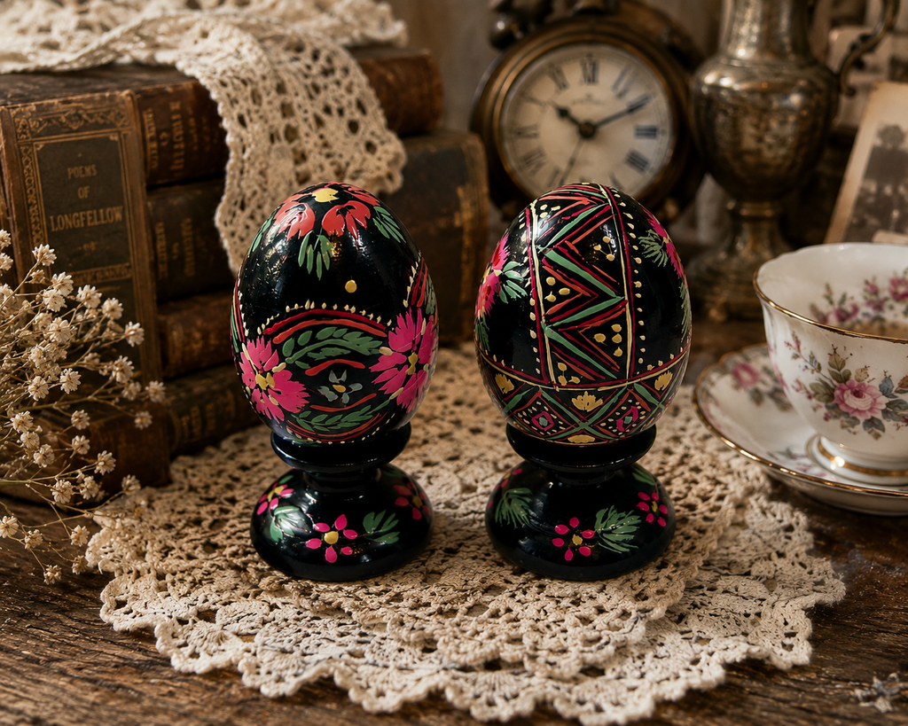 EE-05--Vintage Hand-Painted Wooden Easter Eggs Set of 2 Folk Art Floral Black Lacquer
