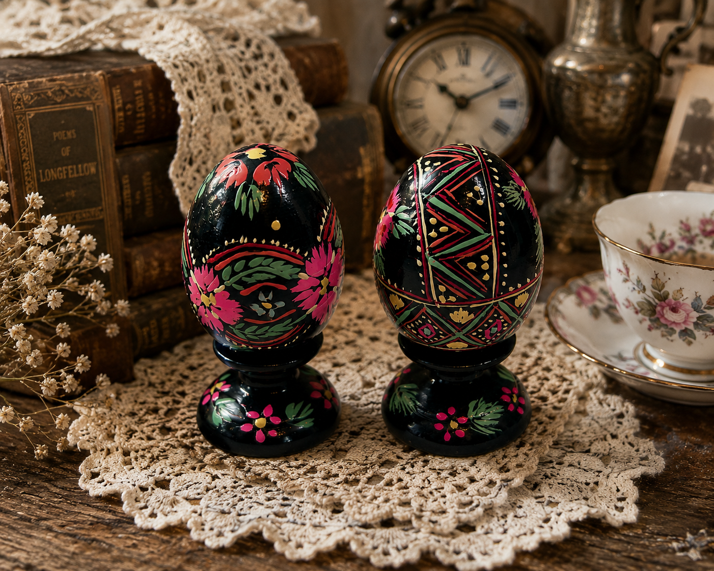 EE-05--Vintage Hand-Painted Wooden Easter Eggs Set of 2 Folk Art Floral Black Lacquer