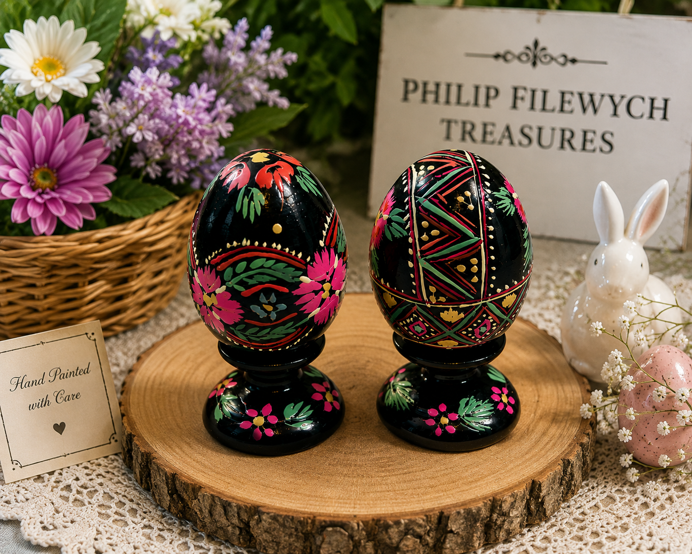 EE-05--Vintage Hand-Painted Wooden Easter Eggs Set of 2 Folk Art Floral Black Lacquer
