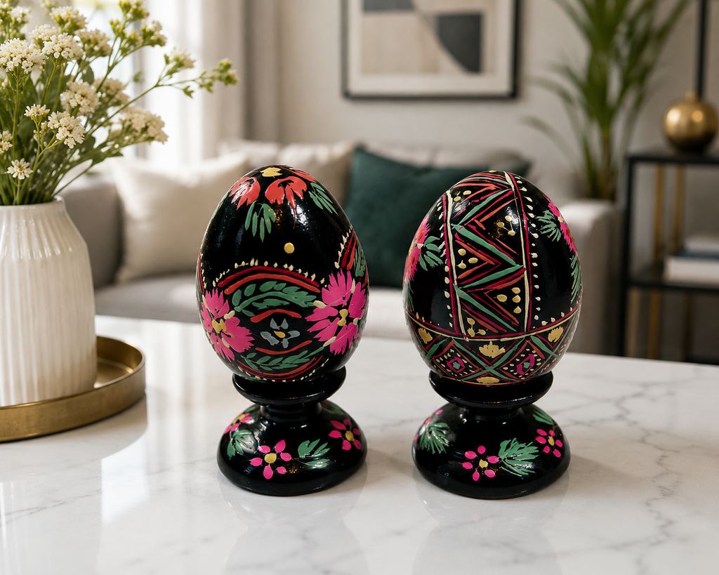 EE-05--Vintage Hand-Painted Wooden Easter Eggs Set of 2 Folk Art Floral Black Lacquer