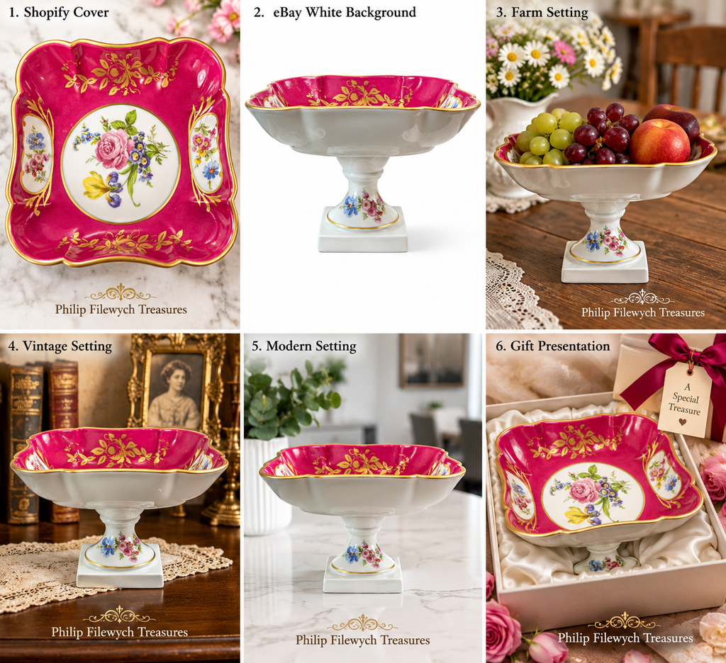 BD-55--Antique Limoges France Porcelain Pedestal Fruit Bowl Compote Pink Floral Gold Gilt