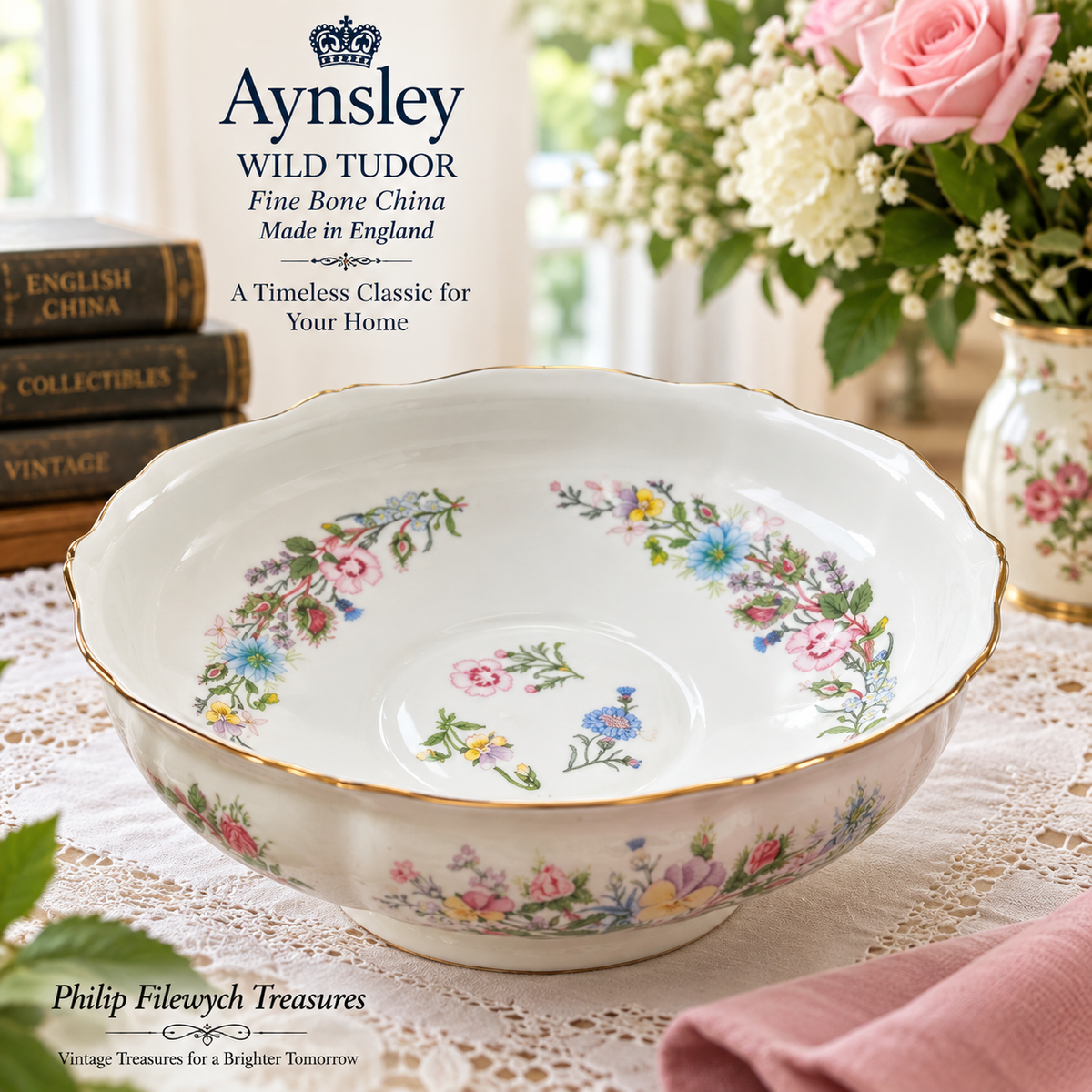 FB-10--Aynsley Wild Tudor Fruit Bowl Fine Bone China Made in England Floral Gold Trim Vintage