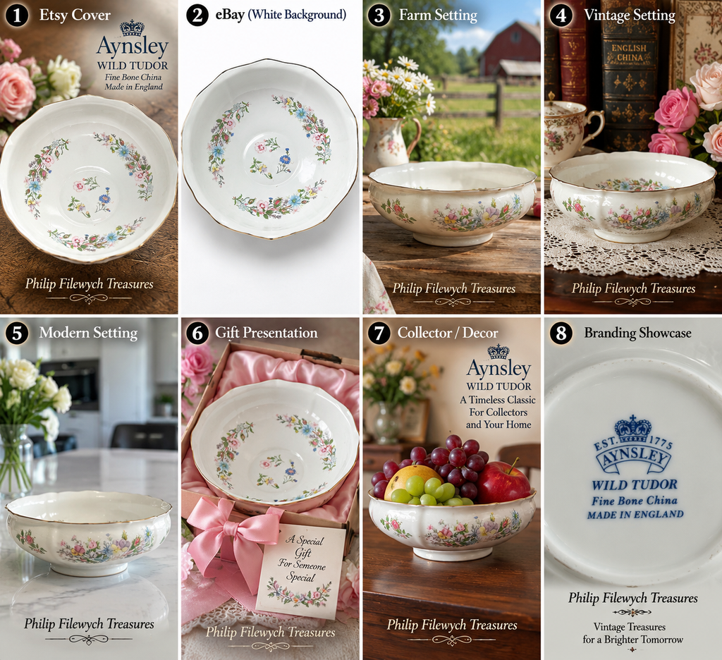 FB-10--Aynsley Wild Tudor Fruit Bowl Fine Bone China Made in England Floral Gold Trim Vintage