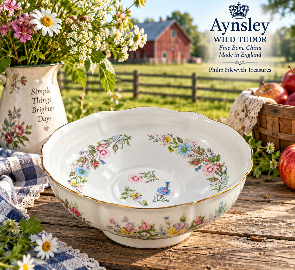 FB-10--Aynsley Wild Tudor Fruit Bowl Fine Bone China Made in England Floral Gold Trim Vintage
