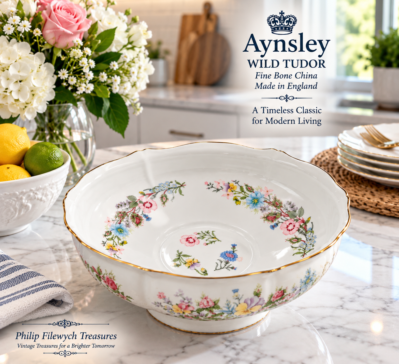 FB-10--Aynsley Wild Tudor Fruit Bowl Fine Bone China Made in England Floral Gold Trim Vintage