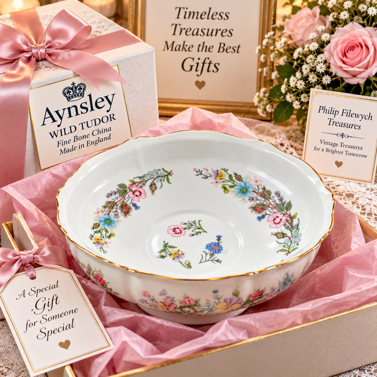 FB-10--Aynsley Wild Tudor Fruit Bowl Fine Bone China Made in England Floral Gold Trim Vintage