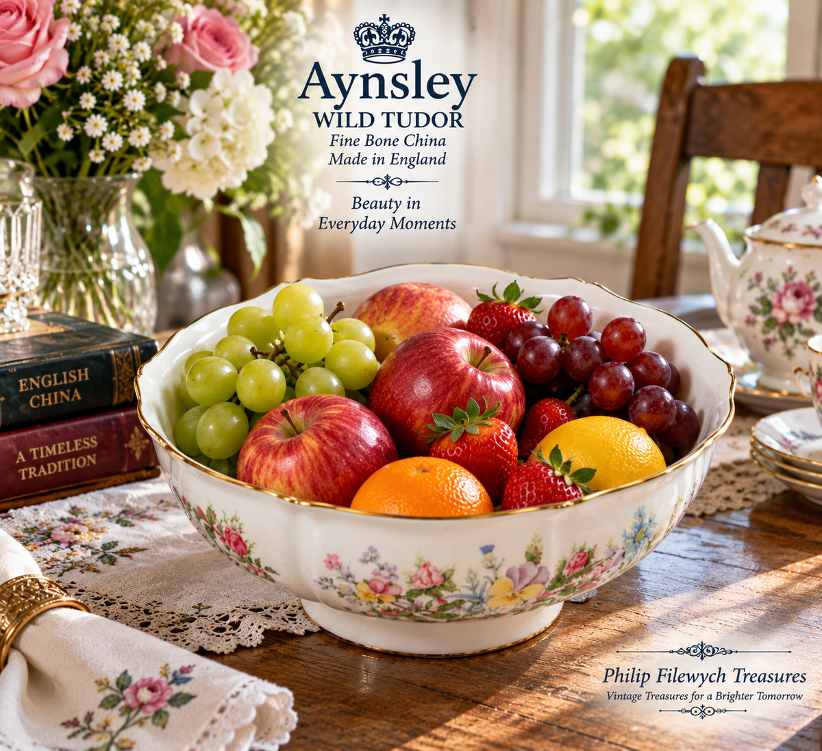 FB-10--Aynsley Wild Tudor Fruit Bowl Fine Bone China Made in England Floral Gold Trim Vintage