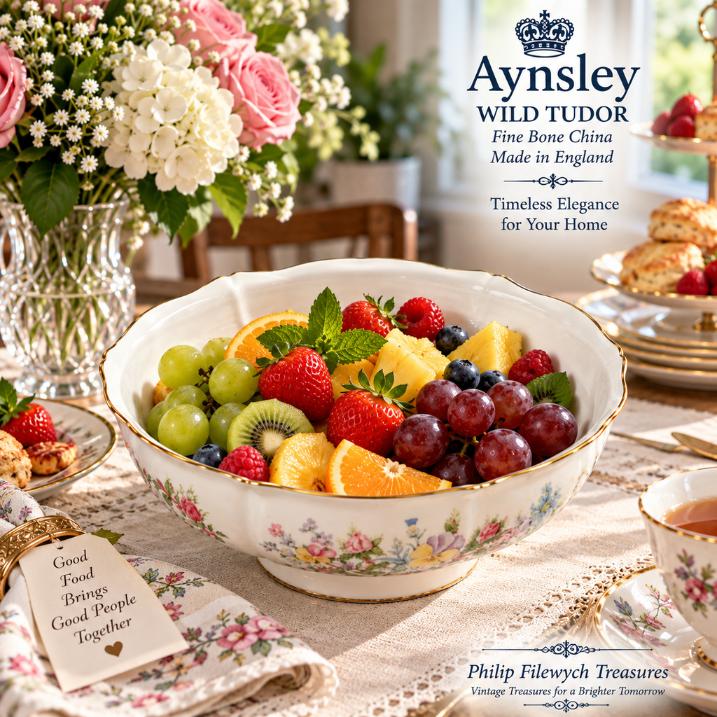 FB-10--Aynsley Wild Tudor Fruit Bowl Fine Bone China Made in England Floral Gold Trim Vintage