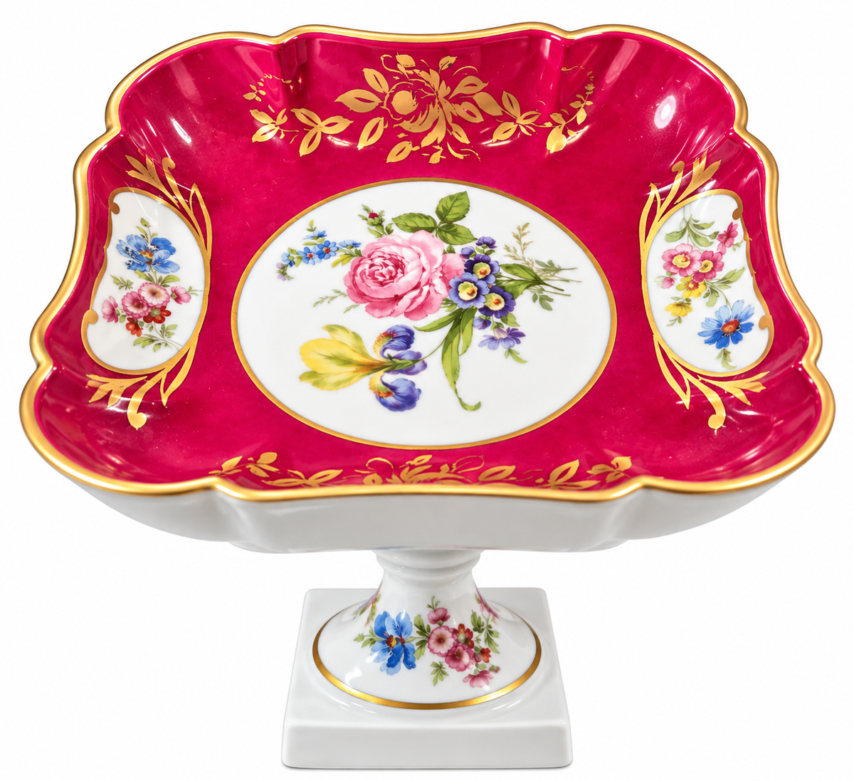 BD-55--Antique Limoges France Porcelain Pedestal Fruit Bowl Compote Pink Floral Gold Gilt