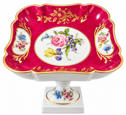 BD-55--Antique Limoges France Porcelain Pedestal Fruit Bowl Compote Pink Floral Gold Gilt