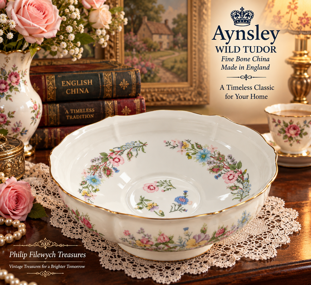 FB-10--Aynsley Wild Tudor Fruit Bowl Fine Bone China Made in England Floral Gold Trim Vintage