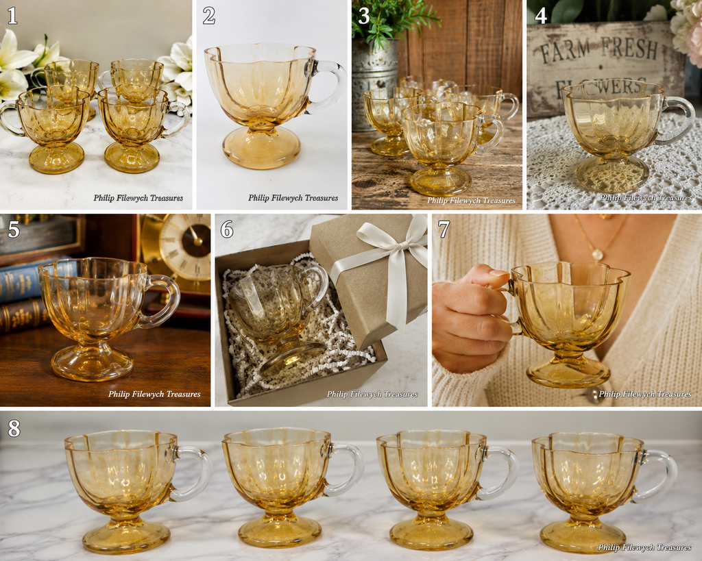 GCV-10--Vintage Amber Footed Glass Cups – Set of 4