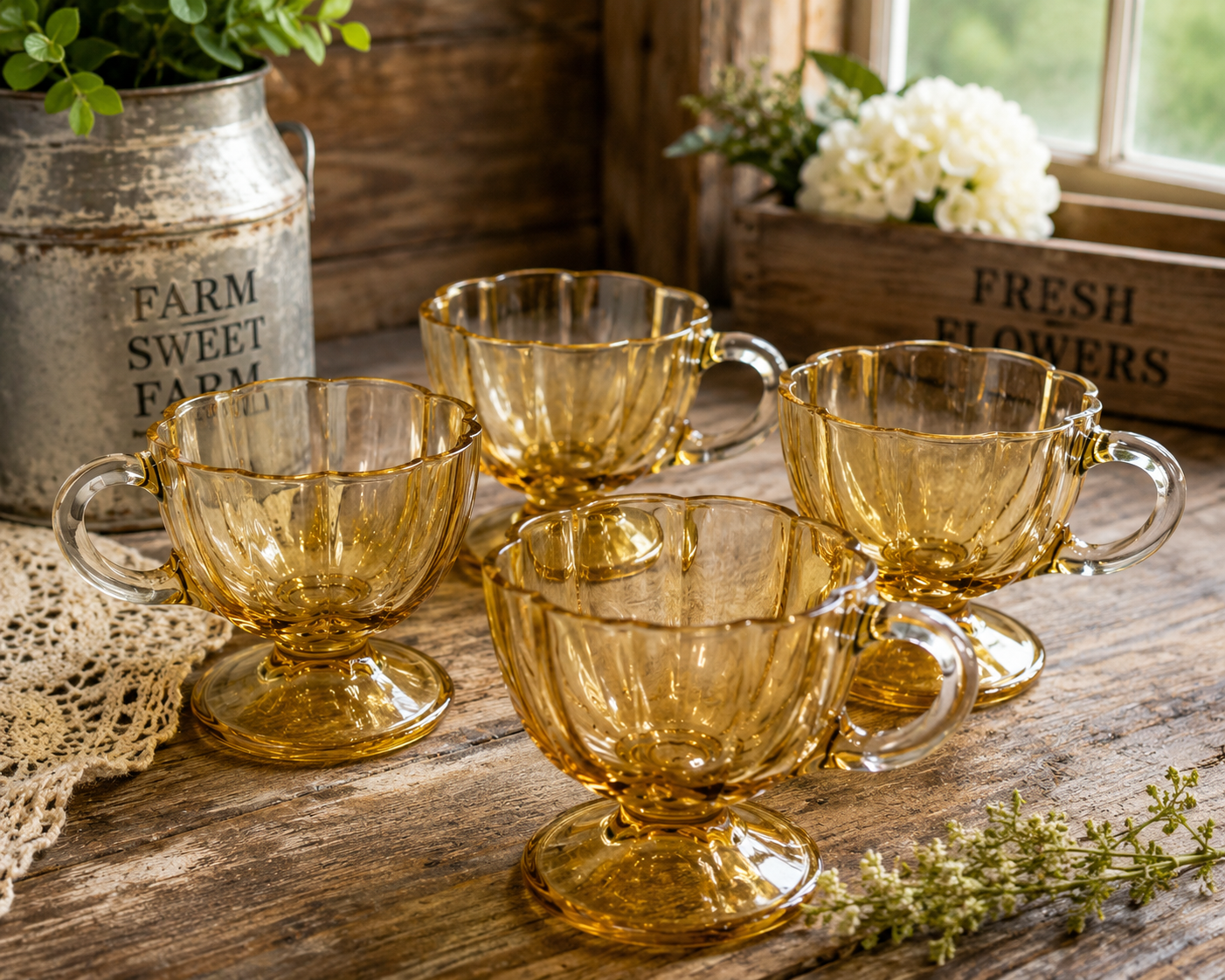 GCV-10--Vintage Amber Footed Glass Cups – Set of 4