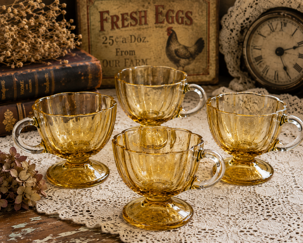 GCV-10--Vintage Amber Footed Glass Cups – Set of 4