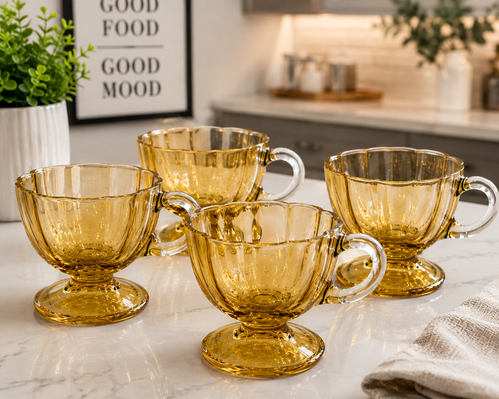 GCV-10--Vintage Amber Footed Glass Cups – Set of 4