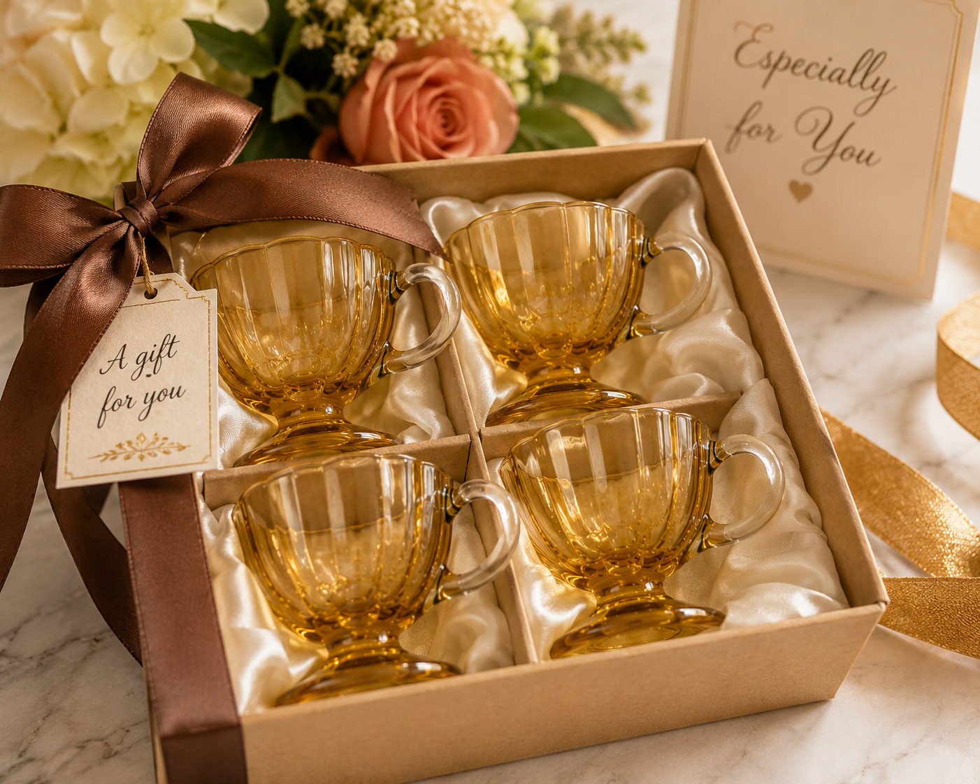 GCV-10--Vintage Amber Footed Glass Cups – Set of 4