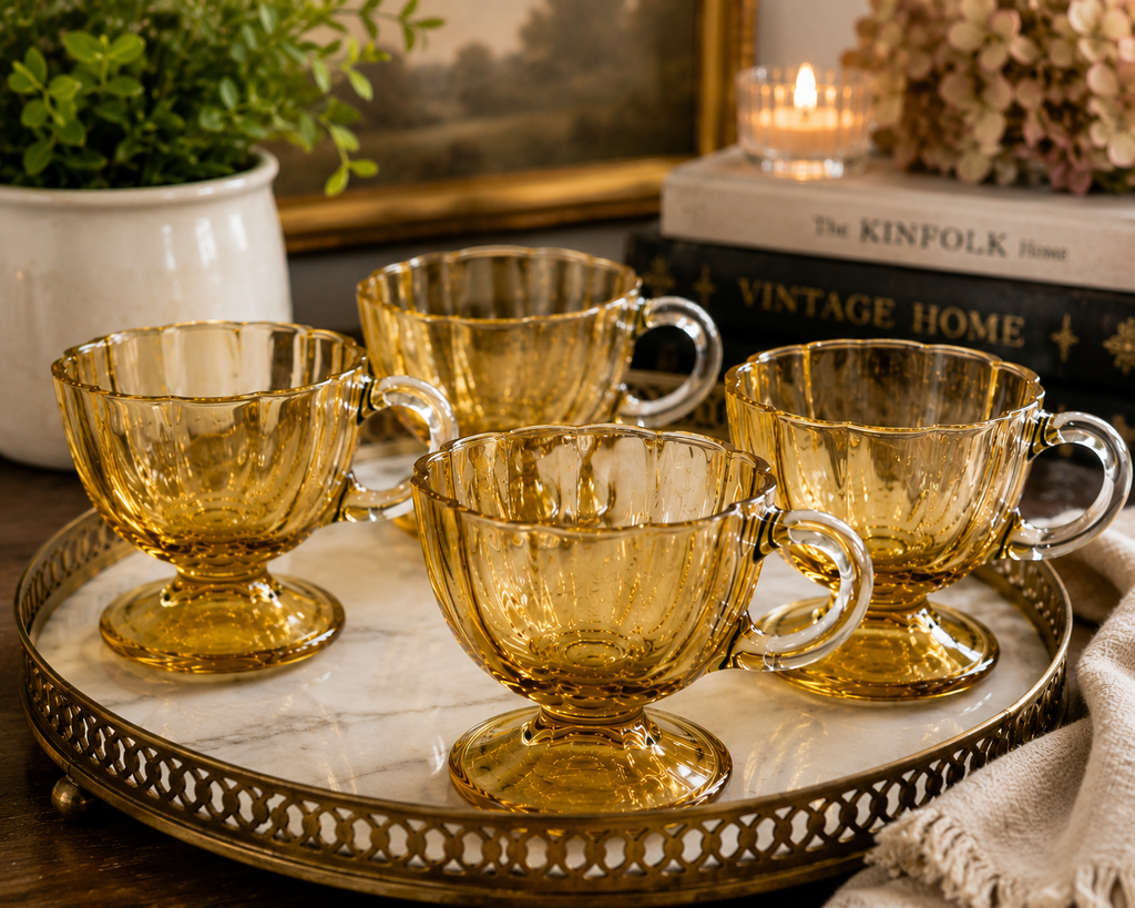 GCV-10--Vintage Amber Footed Glass Cups – Set of 4